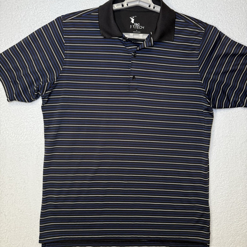 F&G Tech Golf Polo Shirt Mens Large Black Blue Striped Excellent Performance
